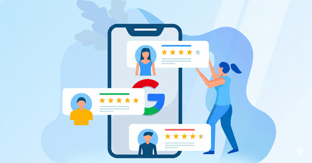 3D illustration of a smartphone displaying a Google Business Profile with several five-star customer review popups and diverse user avatars.