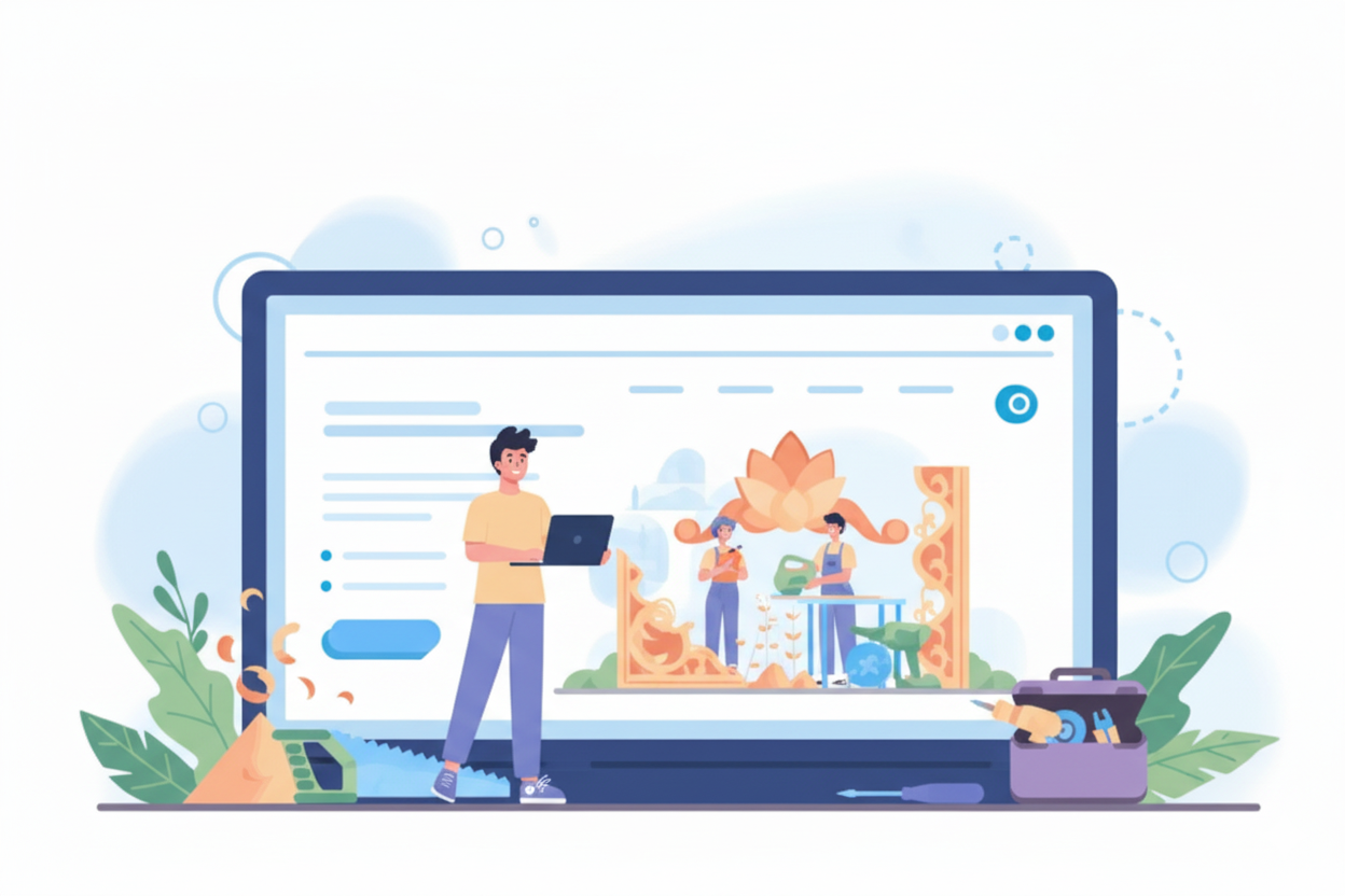 Illustration of a man with a laptop standing in front of a website with an image of artisans working.