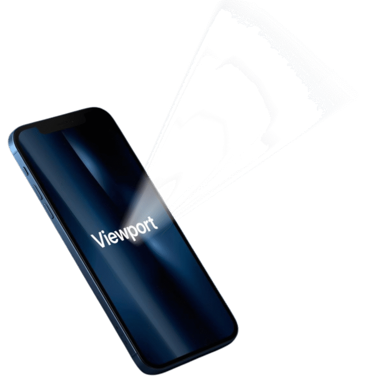 Blue smartphone mockup displaying the word "Viewport" glowing on the screen