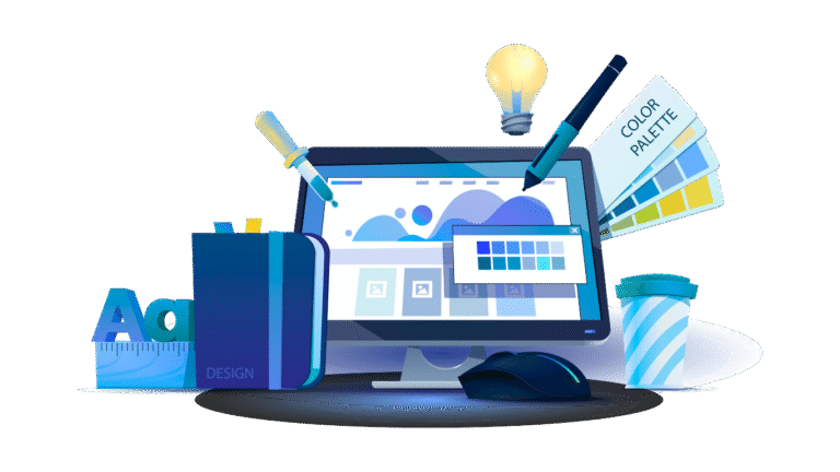 Graphic design illustration showing a monitor, color palette, stylus, and typography elements.