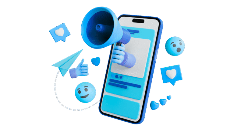 3D rendering of a smartphone with a megaphone, indicating social media marketing and promotion.