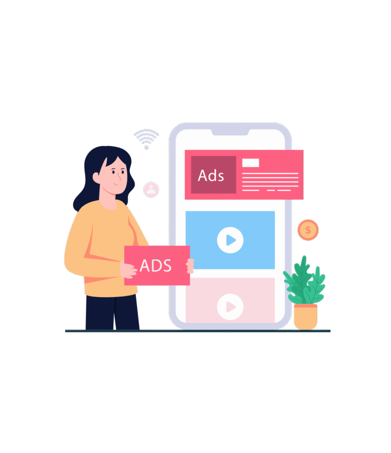 Woman next to a large smartphone displaying mobile advertisements or video ads.