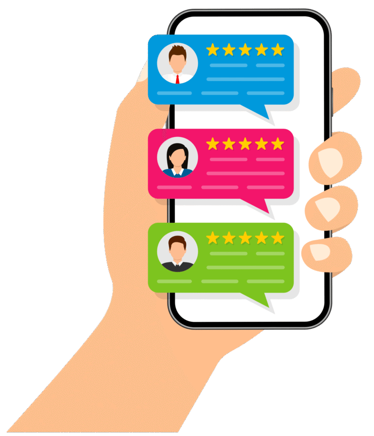 Hand holding a mobile phone displaying three five-star customer reviews