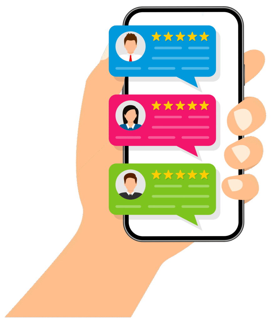 Hand holding a mobile phone displaying three five-star customer reviews