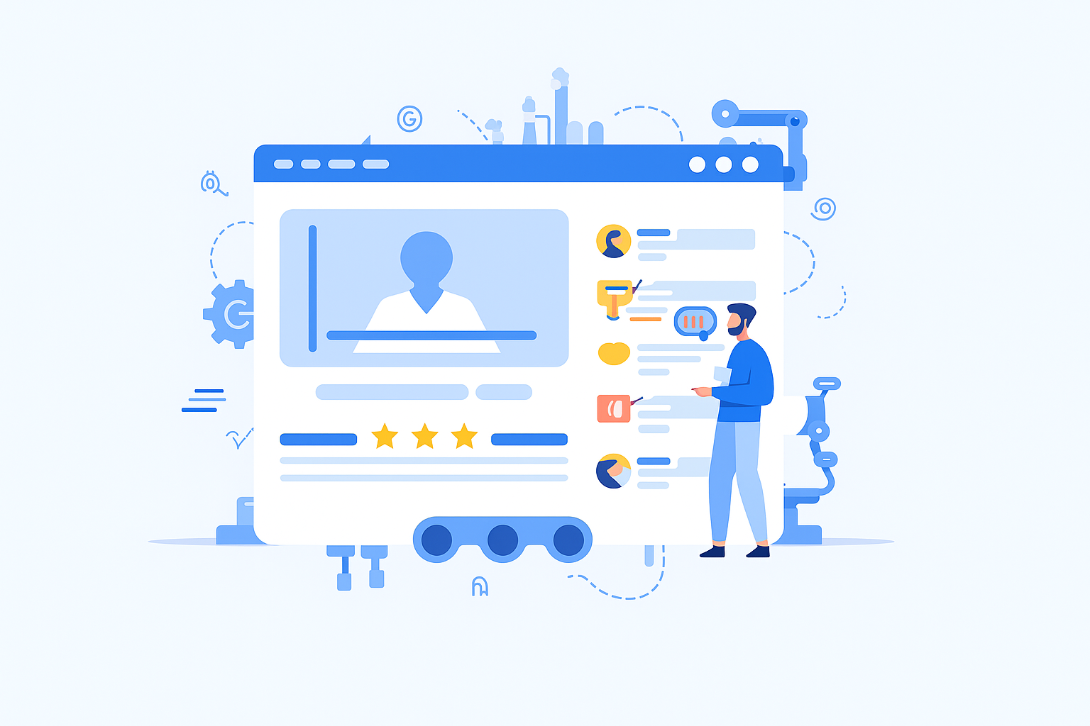 Illustration of a person designing a website interface, showing a large computer screen with profile elements, review stars, and digital tools around it, representing web design and SEO optimization.