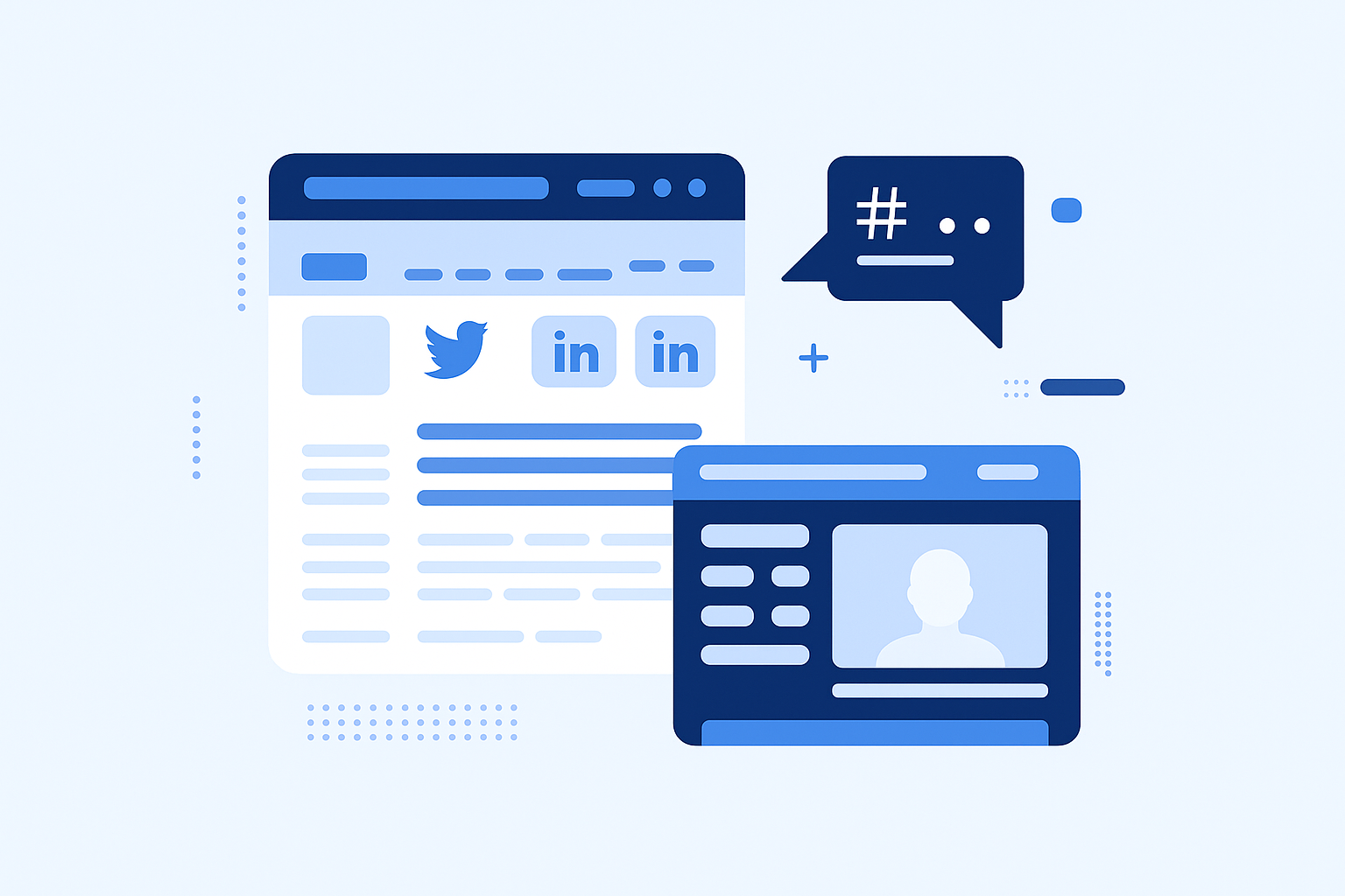 Flat-style illustration of social media dashboards with Twitter and LinkedIn icons, user profiles, and a chat bubble, symbolizing social media management and online engagement.