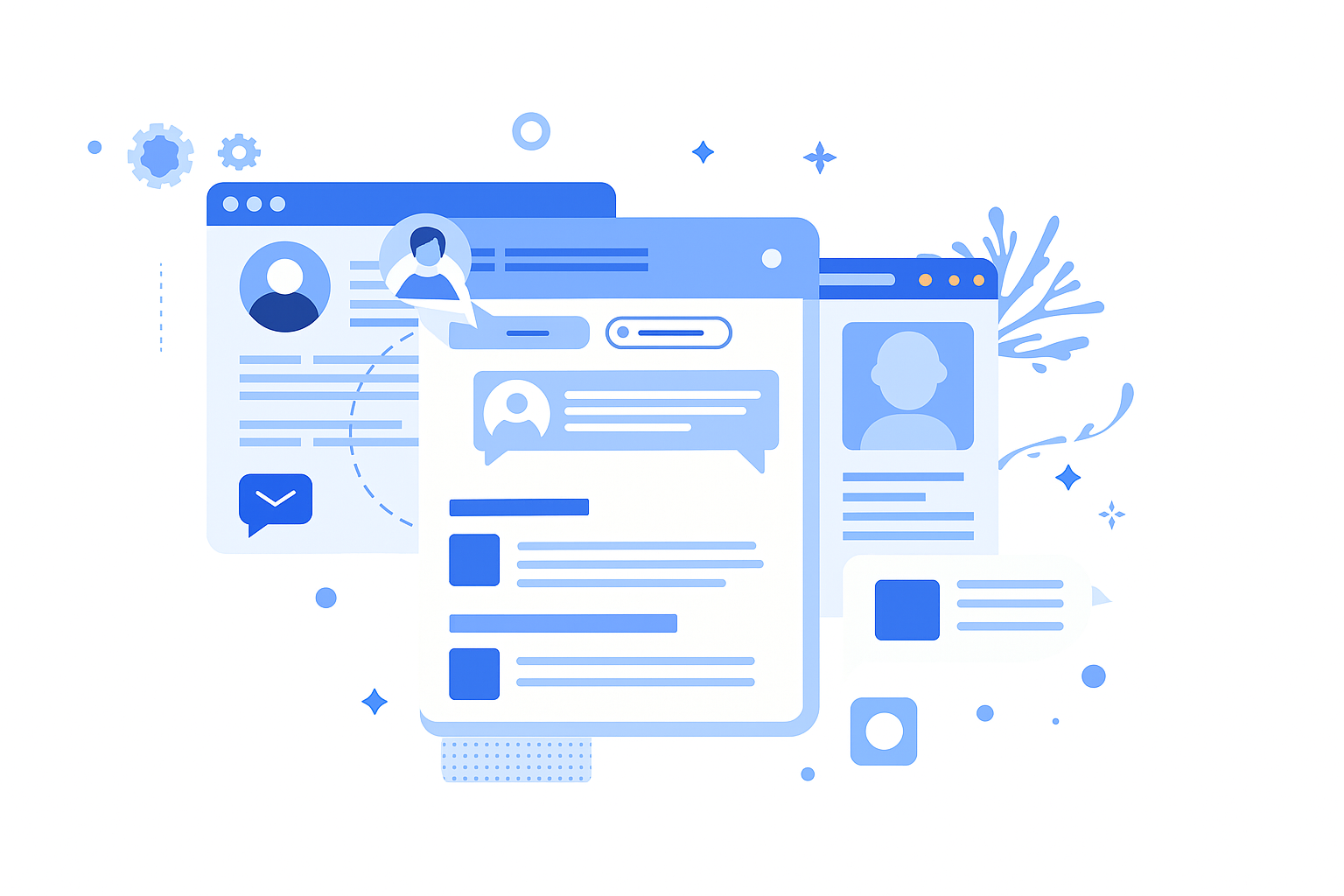 Illustration of digital marketing dashboards and online communication windows representing Google Ads services, showing ad management, campaign optimization, and performance tracking for business growth.