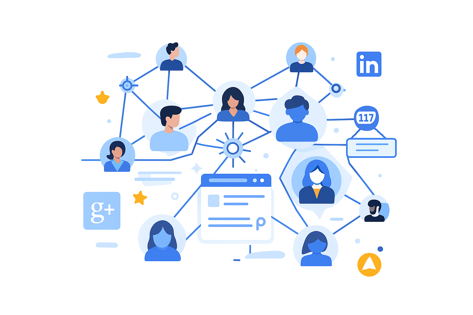 Illustration of a connected network of people and profiles representing online reputation and Google review management, symbolizing customer feedback, digital engagement, and business growth through improved online visibility.