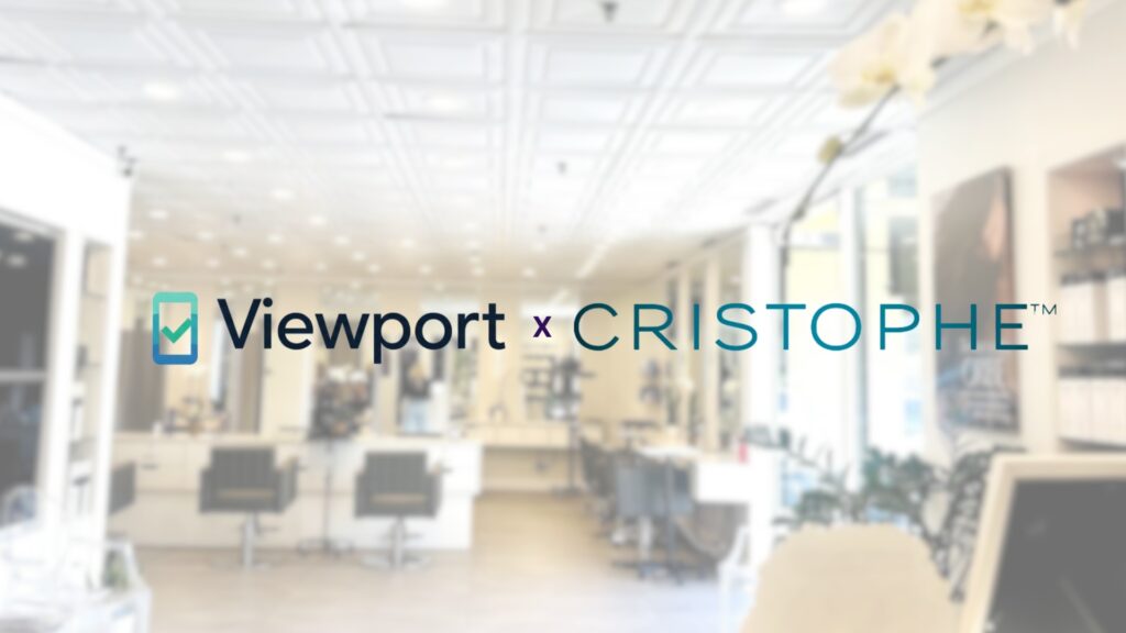 Viewport logo and Cristophe trademark logo lockup overlaid on a blurred luxury hair salon interior.