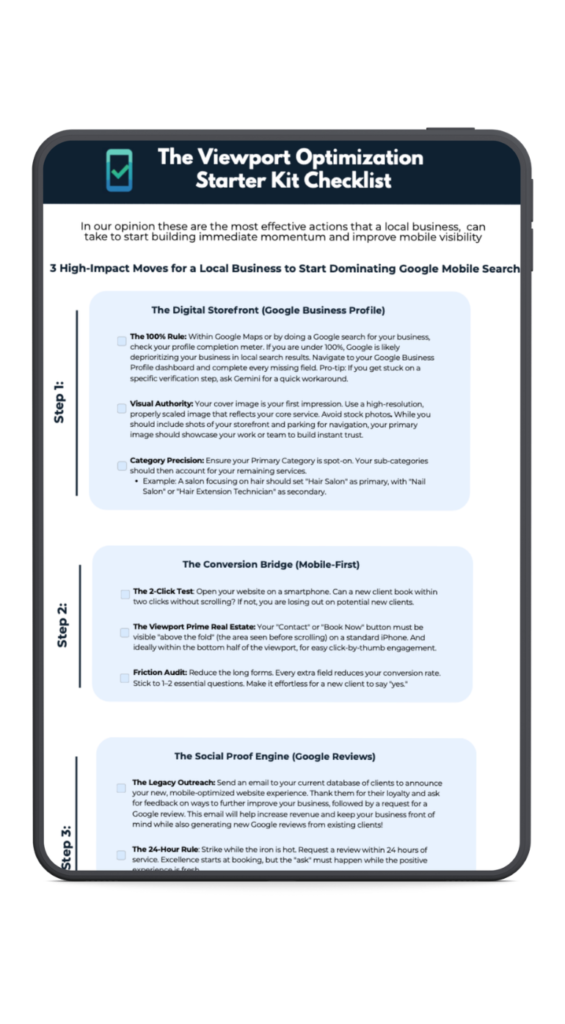 A three-step checklist for local businesses to dominate Google Mobile Search, featuring sections for Google Business Profile, Mobile-First conversion, and Google Reviews.