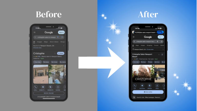 Before and after comparison of a Google Business Profile for a luxury hair salon, showing the transition from a generic map view to a high-end professional cover photo.