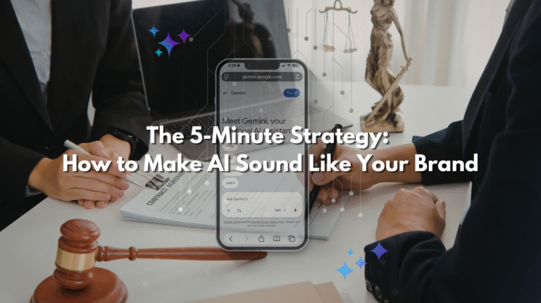 A laptop and a smartphone displaying the Gemini AI interface, with a legal gavel and scales of justice in the background, overlaid with text: "The 5-Minute Strategy: How to Make AI Sound Like Your Brand."