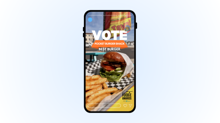 Mobile mockup of a social media story for Pocket Burger Shack featuring a 'Vote for Best Burger' campaign and Foodie Awards branding.