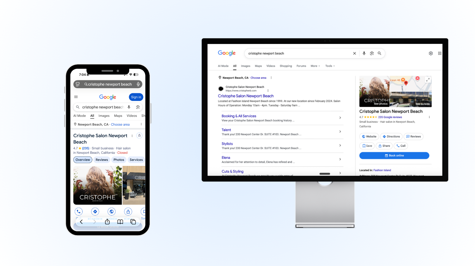 Mockup showing a hair salon's Google search results and business listing on a smartphone and computer monitor