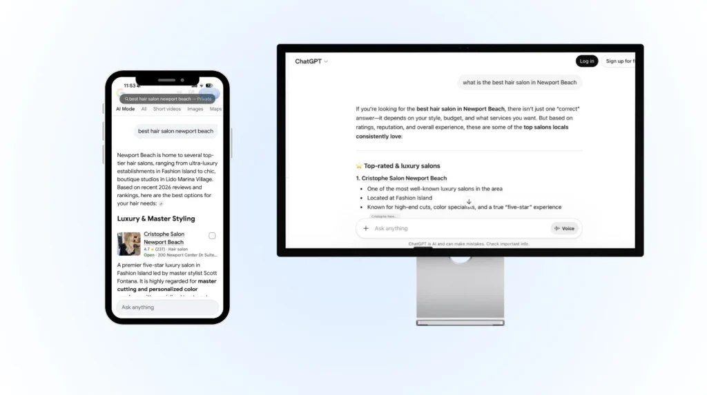 Comparison of AI search results showing a Google AI Overview and a ChatGPT search response for a local business query.