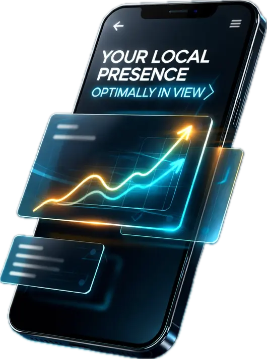 3D smartphone mockup featuring a glowing growth chart and the text "Your Local Presence Optimally in View" on a dark professional background.