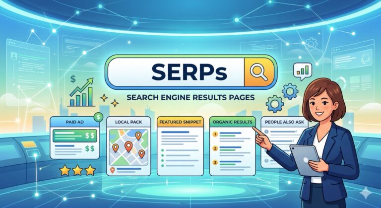Infographic explaining Search Engine Results Pages (SERPs) featuring Paid Ads, Local Pack, Featured Snippets, and Organic Results.